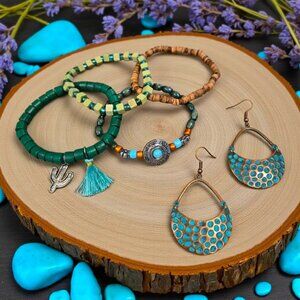 Teal Tone Silver Bracelet And Earring Set